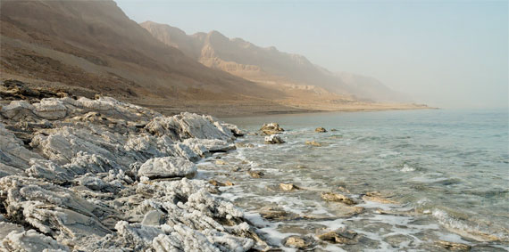 Dead Sea shoreline with salt crystals