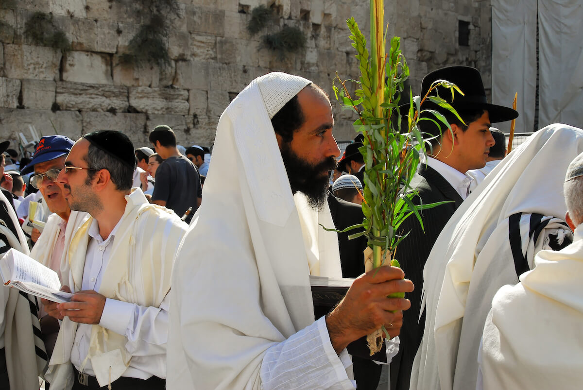 Man with four species of Sukkot at Western Wall