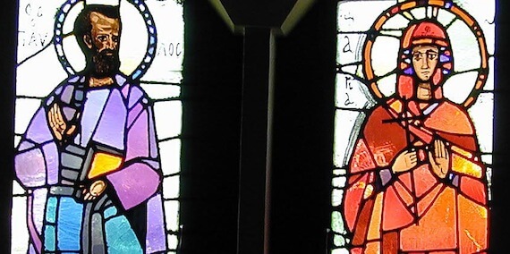 Stained glass of Paul and Lydia in Philippi's St Lydia chapel